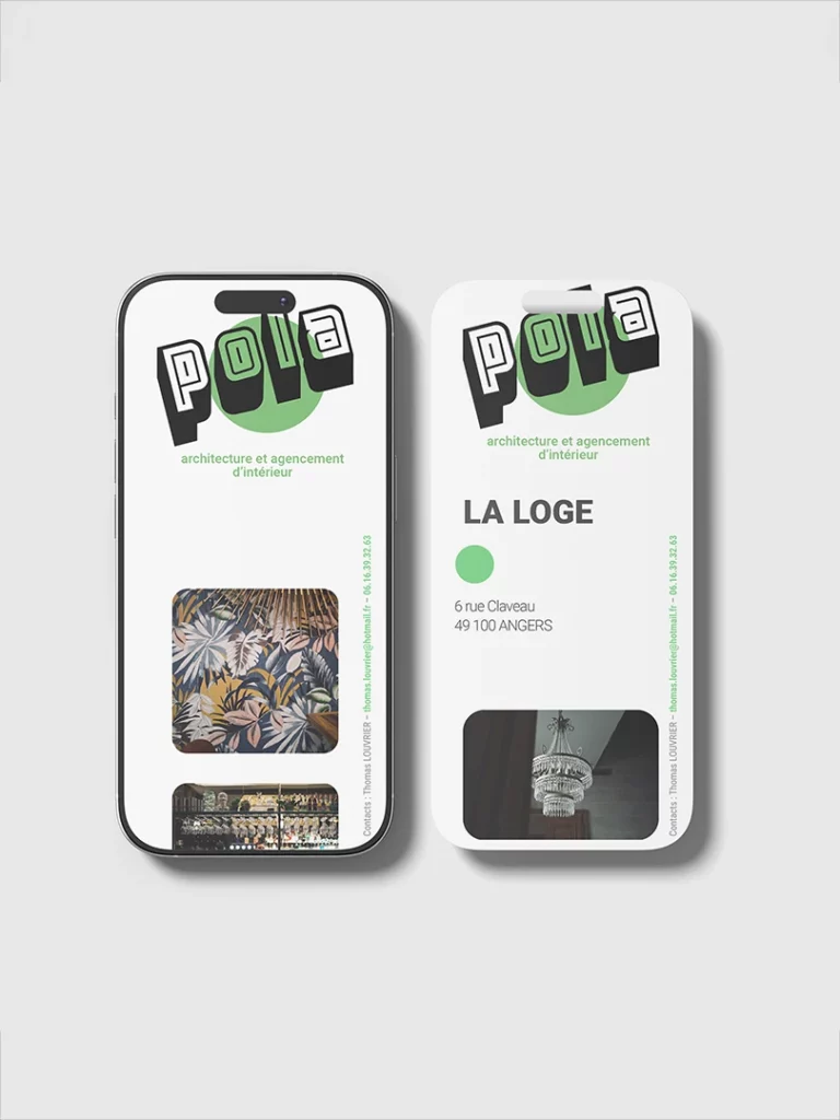 Conception UI mobile et identité visuelle Pola Agencement par Kamon Studio, mockup smartphone affichant le design d'interface et les coordonnées.