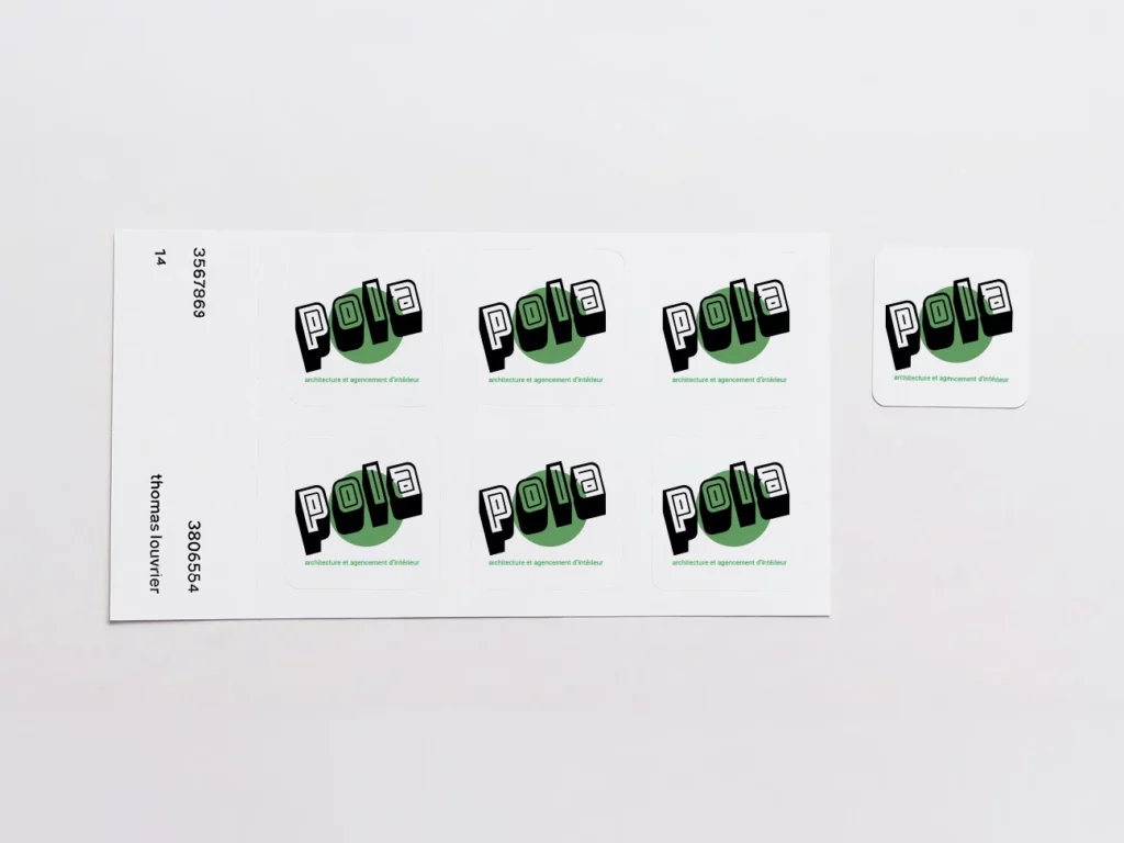 Planche de stickers avec le logo de l'agence POLA, architecture et agencement d'intérieur à Nantes, par Thomas Louvrier.