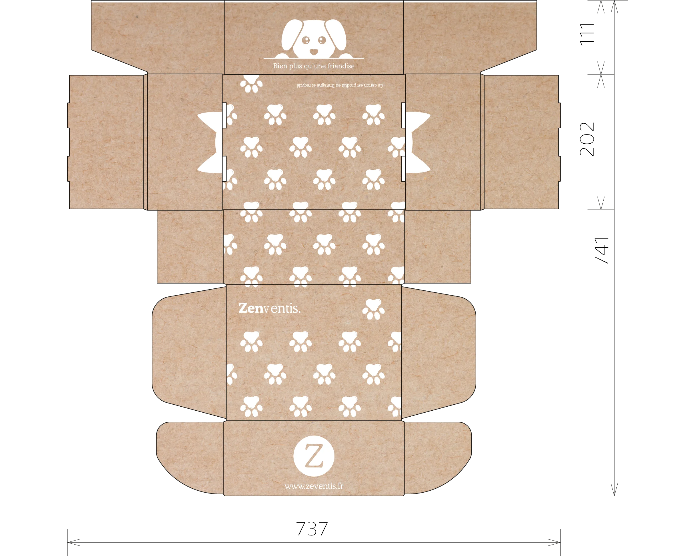 Gabarit technique du packaging en carton Zenventis, avec illustration de chien, motif pattes et logo de la marque, pour compléments alimentaires chiens et chats